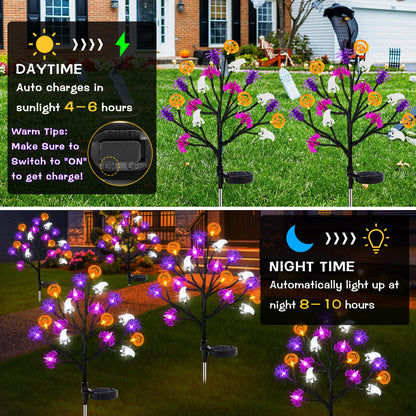Halloween Decorations Outdoor Solar Lights, 2 Pack Halloween Lights Outdoor Solar Lights Waterproof with 20 LED Ghosts Bats Spiders Pumpkin Light, 8 Modes Solar Pathway Lights for Halloween's Decor