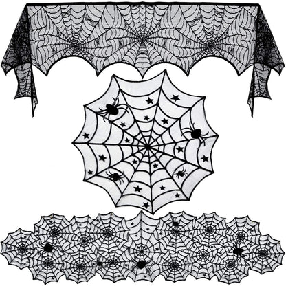 Tayfremn 3pack Halloween Decorations Set Halloween Tablecloth Black Lace Round Spider Cobweb Table Cover Fireplace Mantel Scarf Spiderweb Fireplace Scarf for Party