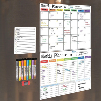 Hivillexun 3-Pack Magnetic Dry Erase Calendar Whiteboard Set for Fridge, Wall & Refrigerator Organisation – Monthly, Weekly & Daily Planners – Includes 8 Markers & Eraser