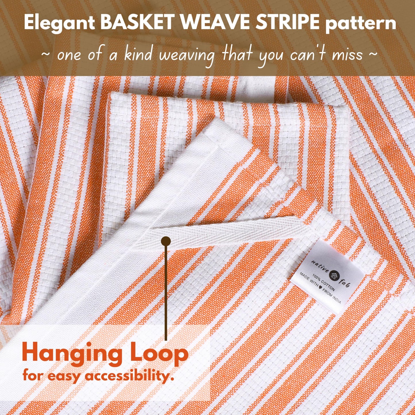 Native Fab Stripe Kitchen Towels - 4 Pack - Basket Weave 100% Cotton Dish Towel - 16x26 inches - Absorbent Towels for Cleaning, Quick Drying, Washable Dish Cloths with Hanging Loop - Orange White