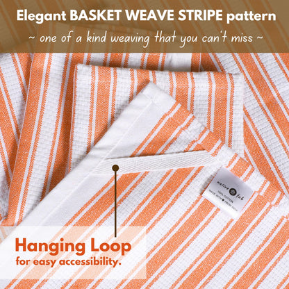 Native Fab Stripe Kitchen Towels - 4 Pack - Basket Weave 100% Cotton Dish Towel - 16x26 inches - Absorbent Towels for Cleaning, Quick Drying, Washable Dish Cloths with Hanging Loop - Orange White