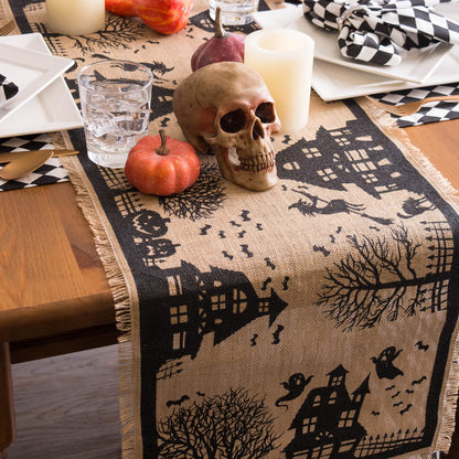 DII Halloween Primitive Style Burlap Tabletop Décor, Spooky Haunted House Jute, Table Runner, 14x113, Black & Tan
