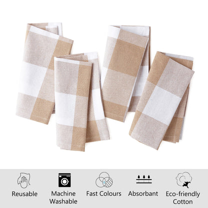 Encasa XO Cotton Cloth Napkins Set of 12, 17"x17" | Washable & Reusable Dinner Napkins Buffalo Beige Checks Table Napkins for Farmhouse, Wedding, Holiday, Party & Everyday Dining