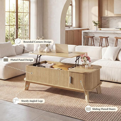 HUAHUU Coffee Table with Storage, 37.4" Lift Top Table for Living Room, Mid Century Modern Coffee Table with Sliding Fluted Doors for Small Space, Light Oak