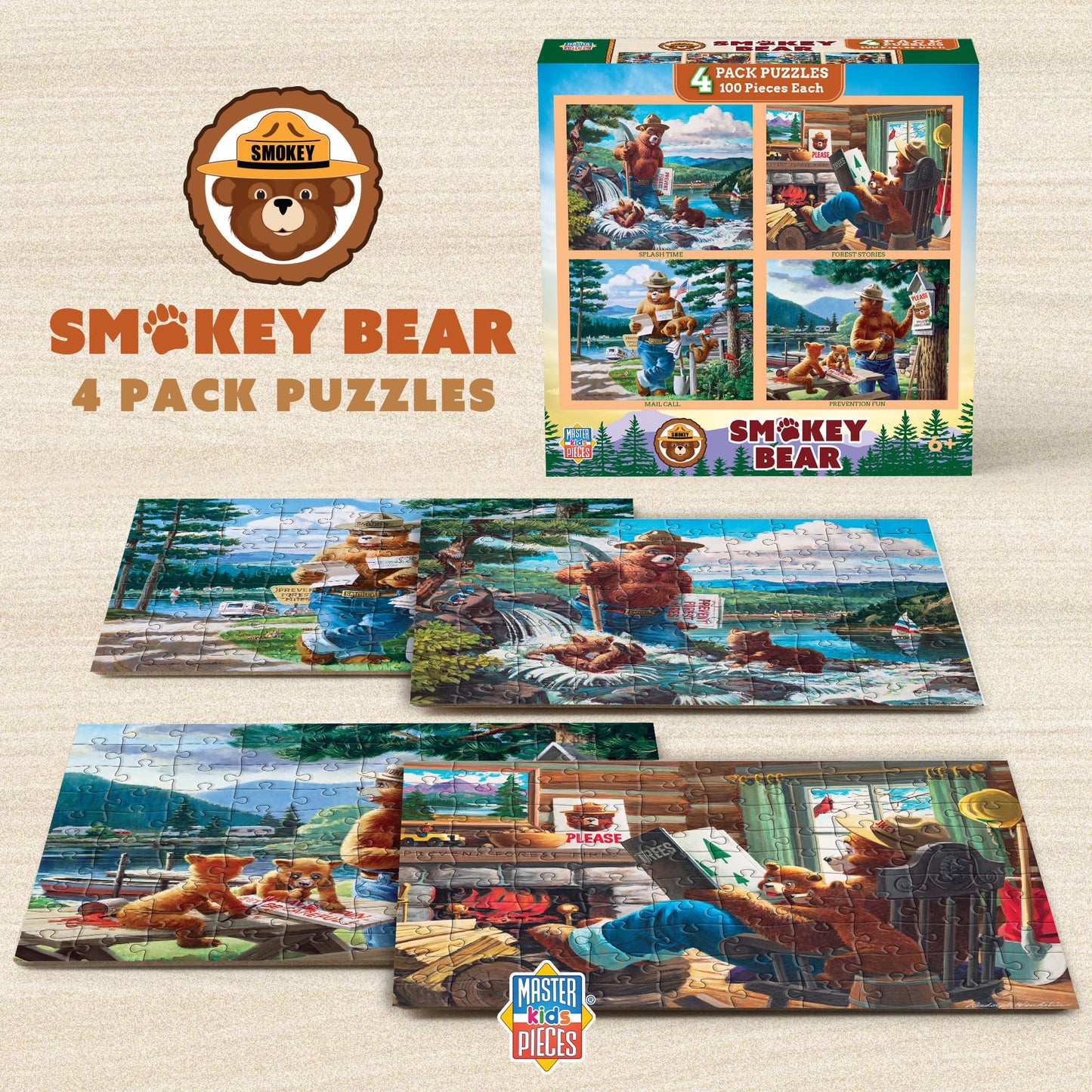 MasterPieces Puzzle Set - 4-Pack 100 Piece Jigsaw Puzzle for Kids - Smokey Bear 4-Pack - 8"x10"