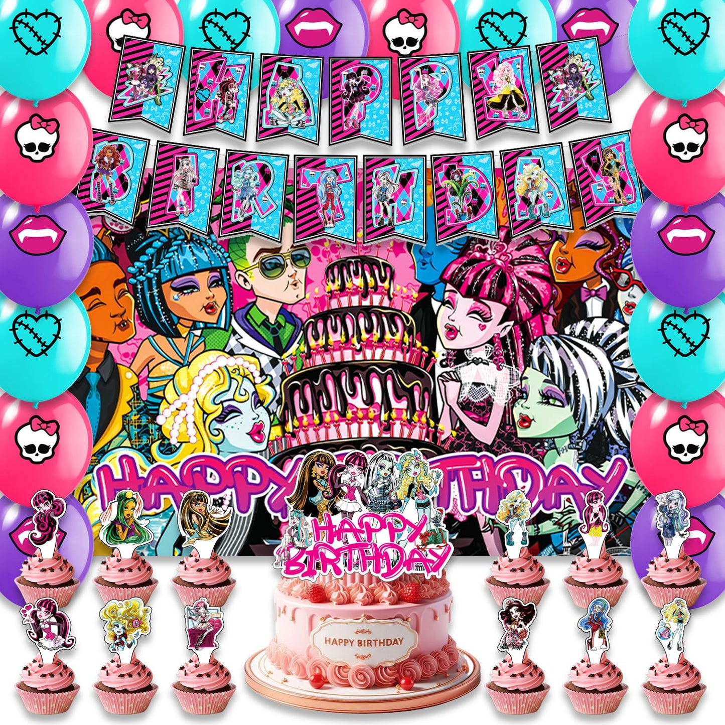 Gothic Monster Girl Birthday Party Decorations 42PCS Spooky Party Supplies with Banner, Cake Topper, Cupcake Toppers, Backdrop & Balloons, Spooky Themed Decor for Birthday, Halloween & Teen Party