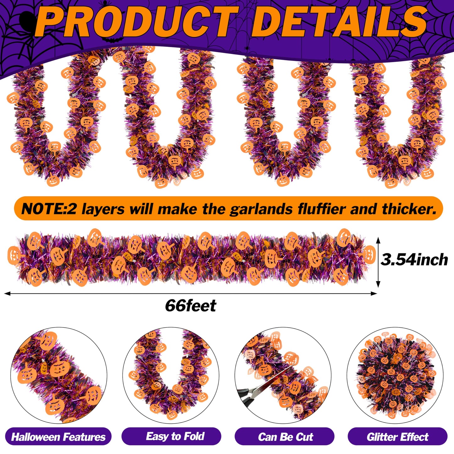 66 Ft Halloween Tinsel Garland, Purple Black Glitter Tinsel Garlands with Orange Pumpkin Metallic Twist Hanging Streamers Decoration for Halloween Party Home Indoor Outdoor Decor Supply