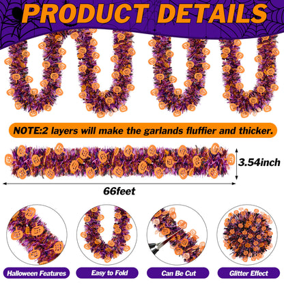 66 Ft Halloween Tinsel Garland, Purple Black Glitter Tinsel Garlands with Orange Pumpkin Metallic Twist Hanging Streamers Decoration for Halloween Party Home Indoor Outdoor Decor Supply