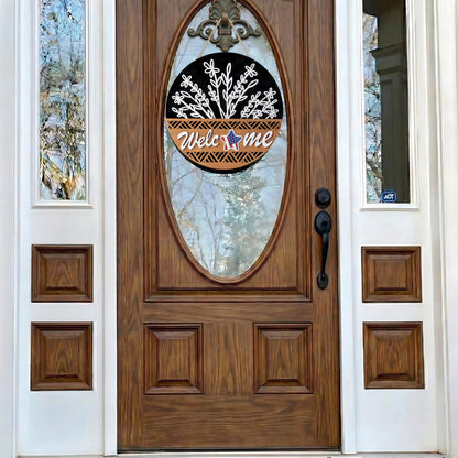 Interchangeable 3D Welcome Sign for Front Door, Rustic Round Wood Wreaths Wall Hanging Decor, House Warming Gifts New Home Decorations, for Spring Summer Fall Winter All Seasons Porch Christmas