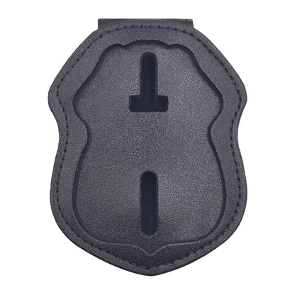 Police Badge Holder Made of Cowhide Universal Black with Leather Belt Buckle Hook Buckle and Stainless Steel Bead Chain Law Enforcement Officer Gifts Polygonal