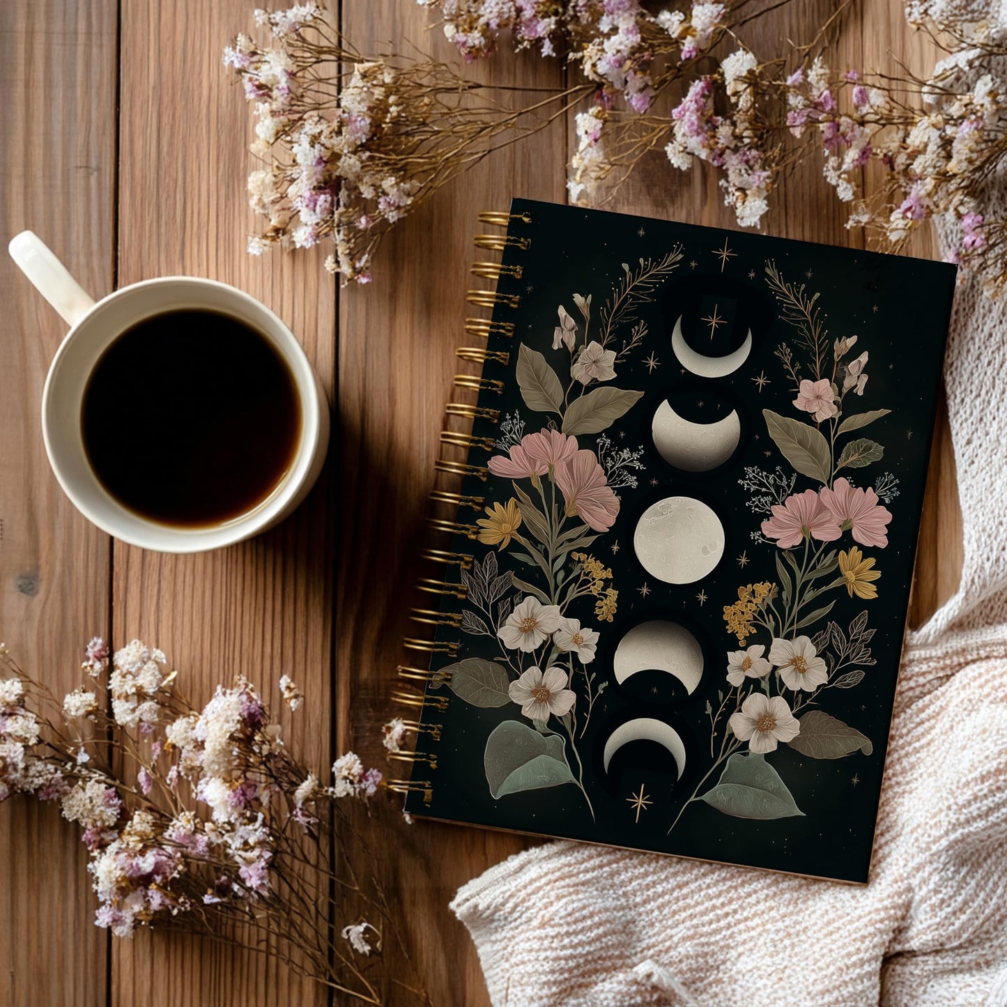 Gothic Notebook Journal for Women - A5 Spiral Notebook with Dark Academia, Flowers Design, Vintage Witchy Journal, Gothic Office & School Supplies, Unique Gifts for Women Birthday, Christmas (Moon)