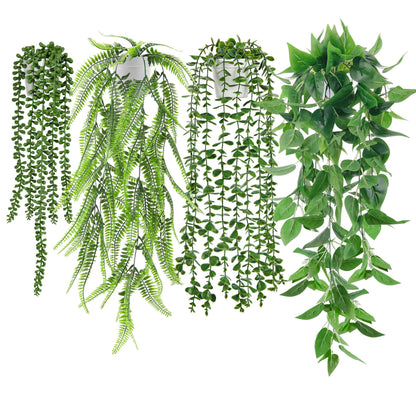 Der Rose 4Pcs Fake Plants Hanging Artificial Ivy Vine Faux Eucalyptus Hanging Plants, Boston Fern, String of Pearls for Living Room Bedroom Boho Wall Shelf Indoor Outdoor Decor (White Pots)