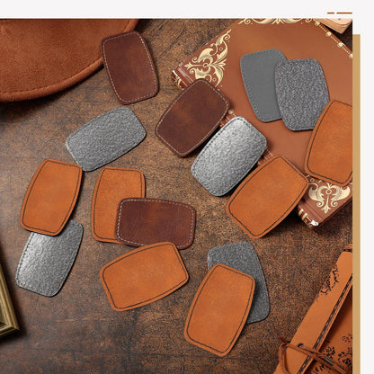 Dunzy 60 Pcs Blank Leatherette Hat Patches with Adhesive Rustic Rounded Rectangle Patch Faux Leather Patches for Hats Costumes Fabric Repair Sew Laser Supplies(Khaki, Gray, Brown,2x3inch)