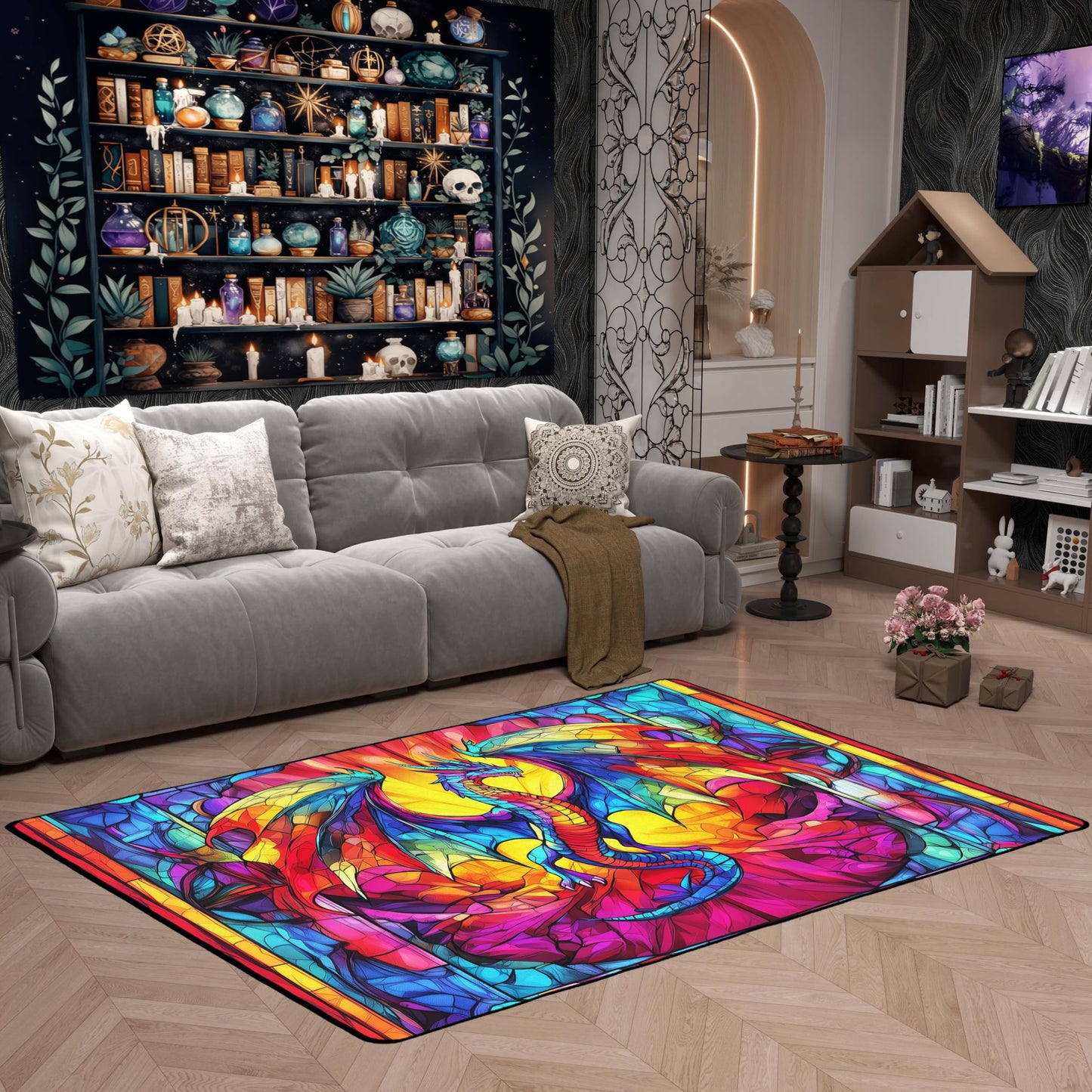 Flying Dragon Kids Area Rug,Western Wing Dragon Gothic Halloween Mats Rugs for Boys Girls,Geometric Abstract Modern Bath Carpets,Rainbow Retro Bath Rugs,Absorbent Floor Mats,5'x6'6''