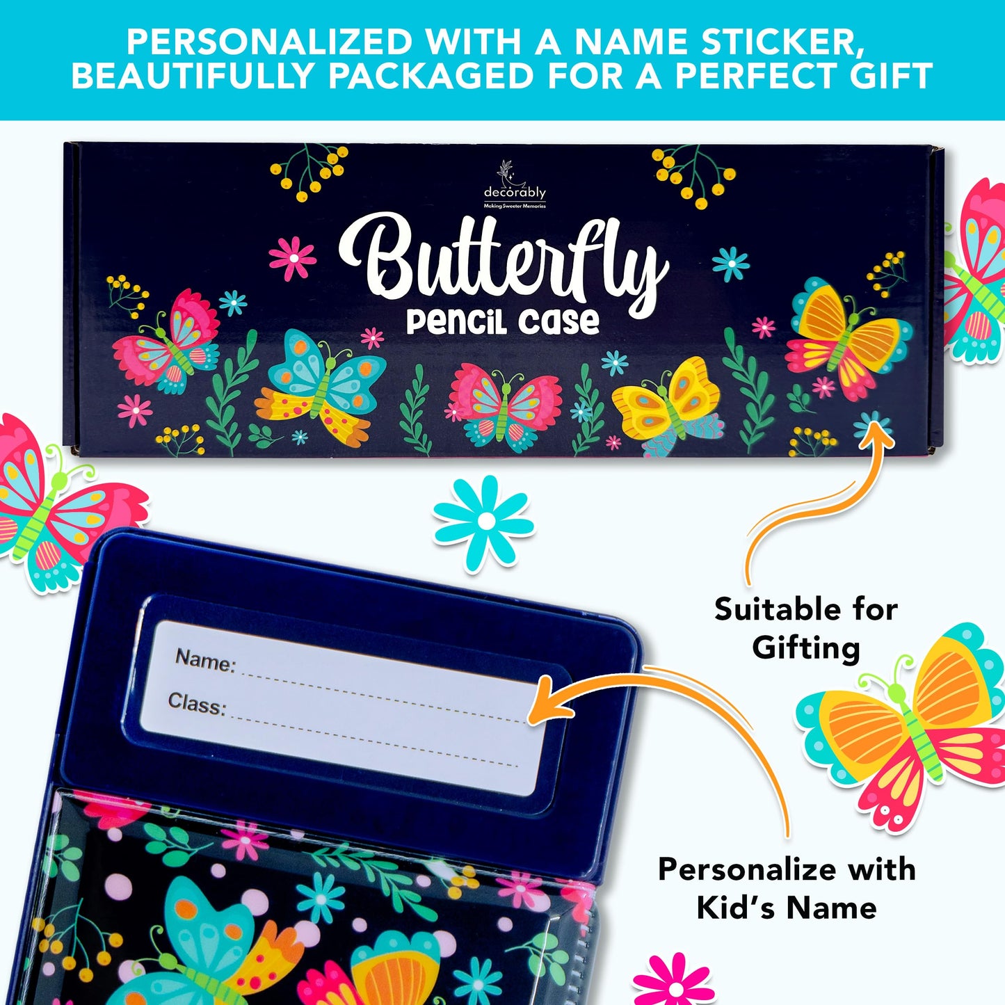 Decorably Pop Up Butterfly Multifunctional Pencil Case for Girls with Calculator, Sharpener, Pen Slots, Mini Drawer and 2 Main Compartments with Magnetic Closure - Back to School Gift for Kids