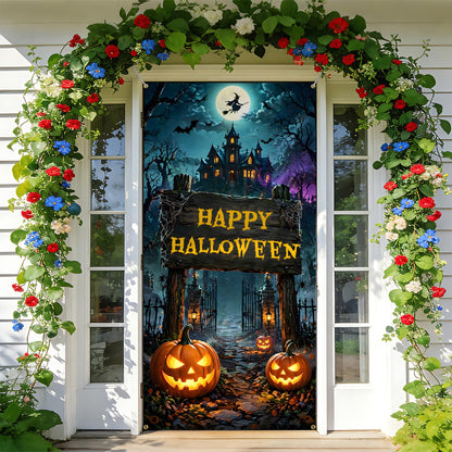 NYZE Happy Halloween Front Door Cover Banner, 35.4 x 70.8 Inch Pumpkin Vertical Hanging Door Backdrop, Indoor Outdoor Halloween Party Photography Decorations