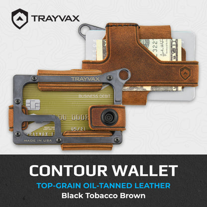 Trayvax Contour Wallet, RFID Front Pocket Money and Credit Card Holder, Minimalist Slim Leather Metal Wallet for Men and Women, Black Tobacco Brown