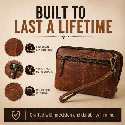 TheAntiq Genuine Leather Makeup Bag Travel Organizer, Premium Handcrafted Cosmetic Pouch with Zipper & Wrist Strap, Durable Toiletry Storage for Women & Men, 5 x 9- Tan