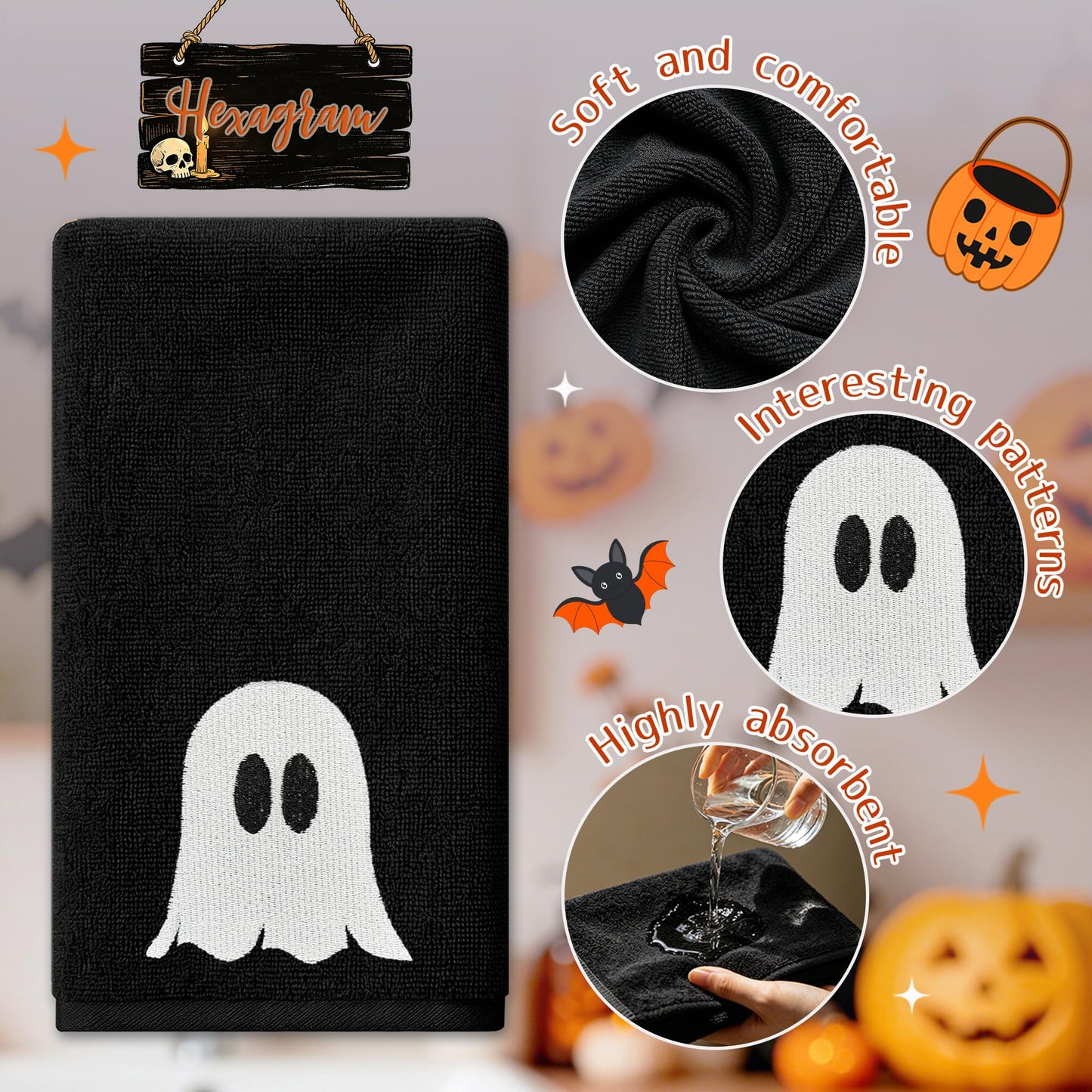 Hexagram Halloween Hand Towels Set of 2, Embroidered Ghost Black Bathroom Towels, Halloween Decor, Dish Towel for Drying Cleaning 14x 30 Inch
