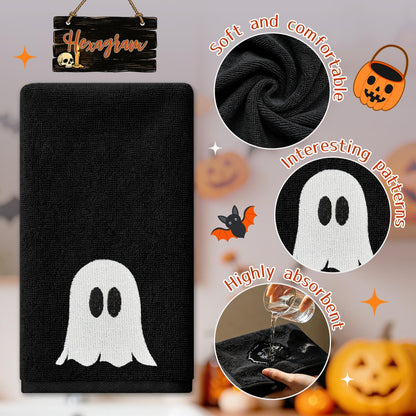 Hexagram Halloween Hand Towels Set of 2, Embroidered Ghost Black Bathroom Towels, Halloween Decor, Dish Towel for Drying Cleaning 14x 30 Inch