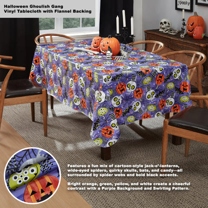 Newbridge Halloween Whimsical Ghoulish Gang 52 x 52 Inch Square Vinyl Tablecloth with Flannel Backing, Fun Skulls and Pumpkin Design, Easy Care Wipe Clean Halloween Table Cover