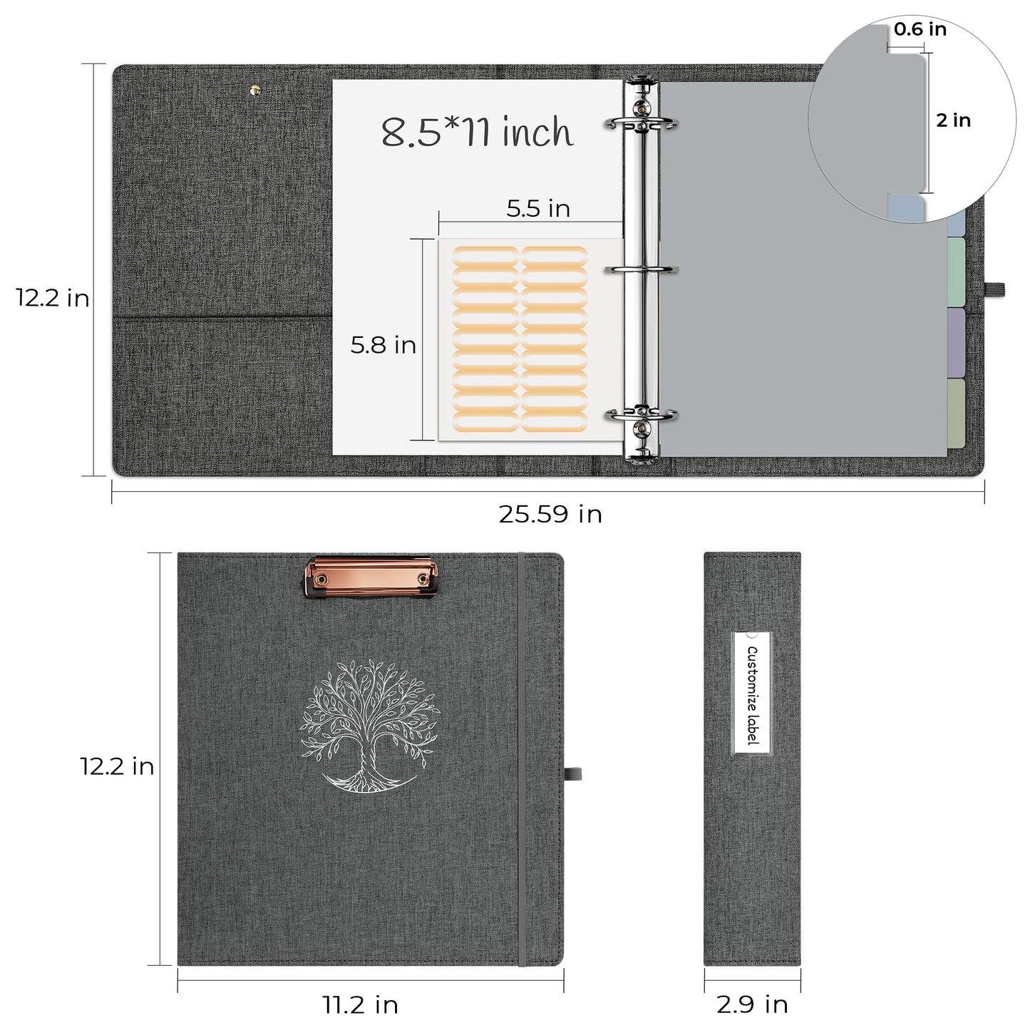 EYROZILL 3 Ring Binder 2 Inch, Binder for Letter Size (11" x 8.5") with 5 Tab Dividers, File Folder Labels and Low Profile Clipboards, Life Tree