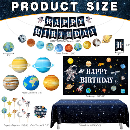Outer Space Birthday Party Decorations Space Themed Party Supplies Planet Banner Backdrop Cake Topper Solar System Paper Lantern Galaxy Tablecloth Balloon Garland Kit for Space Astronaut Party Decor