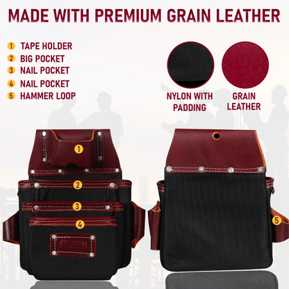 FUERI Electrician's Heavy Duty 26 Pocket Leather-Nylon Tool Belt & Suspender Combo, Comfort Back Support Padded Belt, 2 Large Storage Capacity Pouches, Best for Framers, Carpenter, Roofing