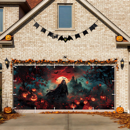 Remagr 7 x 16 ft Halloween Garage Door Banner Large Halloween Hanging Backdrop Door Cover Gloomy Skull Garage Wall Decoration Backdrop Mural for Party Wall Window Yard Outdoor Holiday (Spooky)