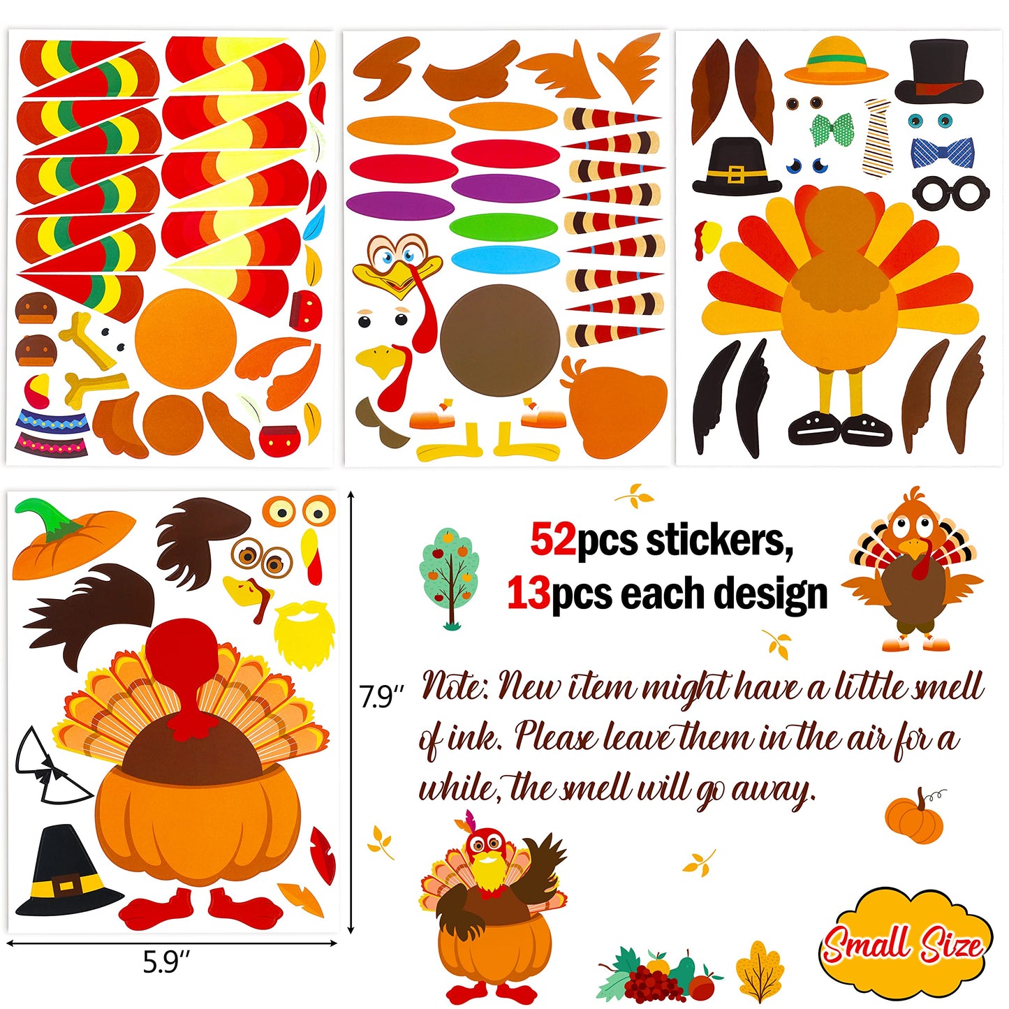 52pcs Thanksgiving Crafts for Kids, Make-A-Turkey Stickers Party Games/Favors/Supplies(Style1)