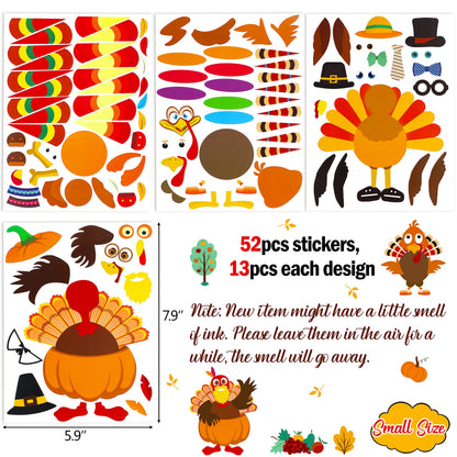 52pcs Thanksgiving Crafts for Kids, Make-A-Turkey Stickers Party Games/Favors/Supplies(Style1)