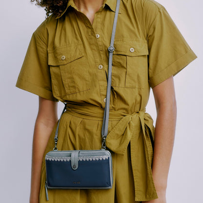 The Sak Iris Smartphone Crossbody Purse - Women's Cellphone Bag & Wallet For Everyday - Convertible Wristlet With Zipper in Dusty Blue Block/Leather