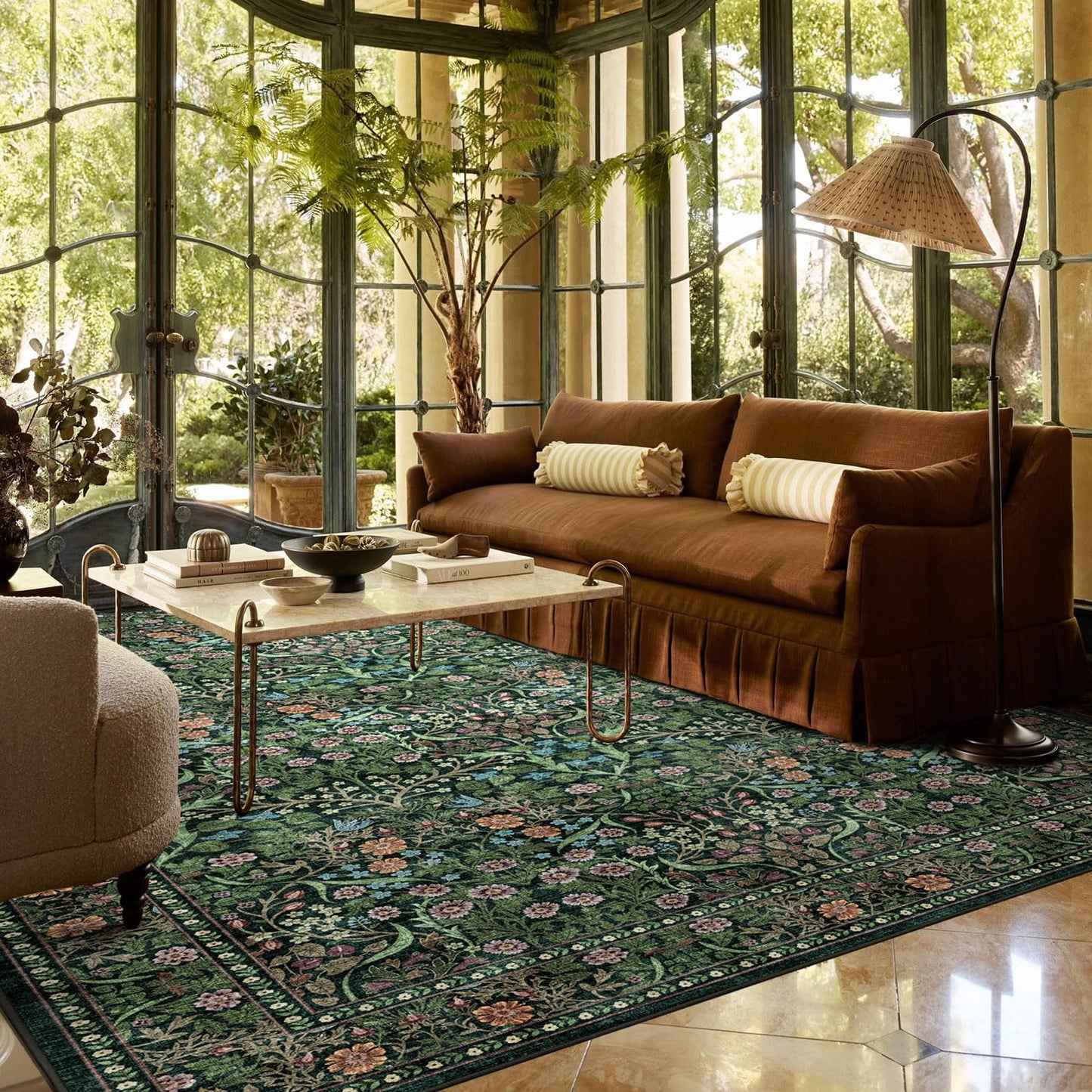 Othilic Moss Green 8x8 Square Rug - Soft Washable Boho Floral Living Room Rug Non Slip Stain Resistant Dark Forest Botanical 8' Square Area Rugs for Bedroom Guest Room Dining Room Rugs for Under Table