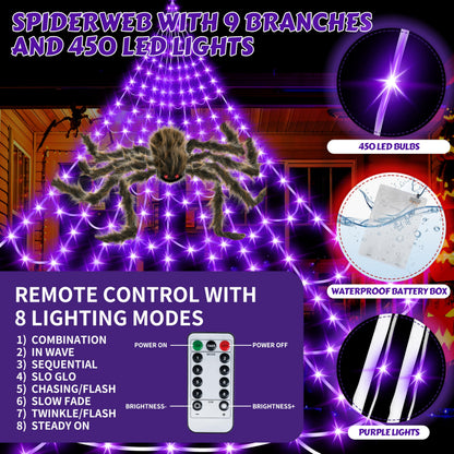 Halloween Spider Web Lights Giant Spider, 16.4Ft 450 LED Lighted Spider Web with with 8 Lighting Modes Waterproof & Timer for Indoor Outdoor House Haunted Yard Decor, Purple