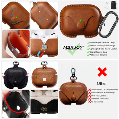 Maxjoy for AirPods Pro 2 Case Leather, Airpods Pro Leather Case Cover with Keychain Airpod Strap Compatible with Apple Airpod Pros 2nd Generation 2023 2022/AirPods Pros 2019 (Front LED Visible), Brown