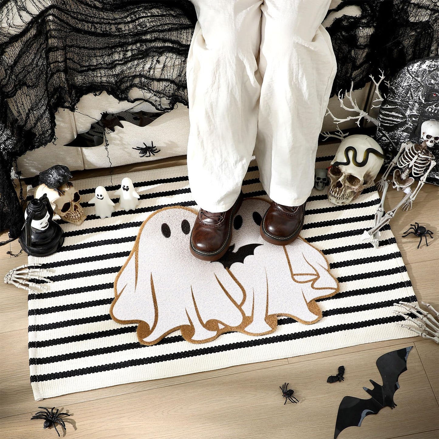 Duraaamo 2 Pcs Halloween Coir Doormat Outdoor Ghost Welcome Mat Layered Buffalo Plaid Black and White Rug Natural Coir Door Checkered Mat for Halloween Front Porch Entryway Decor
