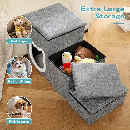 Dog Stairs for Small Dogs, 3-Step Non-Slip Pet Stairs for Cats, Small Dog Steps with Storage and Condo, Indoor Cat Steps for Older Cats, Arthritis-Friendly, Grey