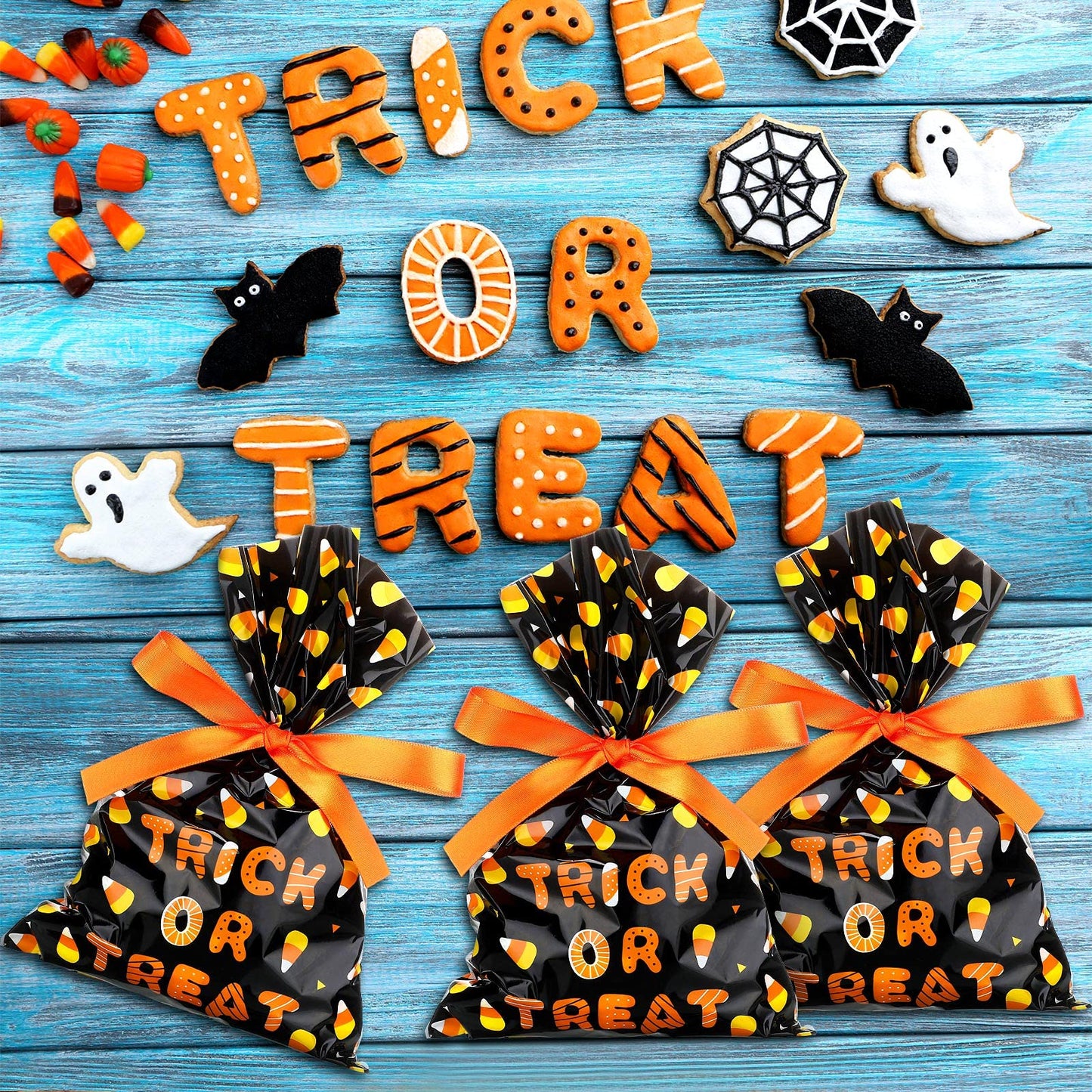 Tenare 100 Pcs Halloween Cellophane Treat Bags Plastic Goodie Candy Bags Corn Wrapped Gift Loot Bags with 22 Yards Ribbon for Treating Class Parties Favor Crafts, 6 x 9 Inch