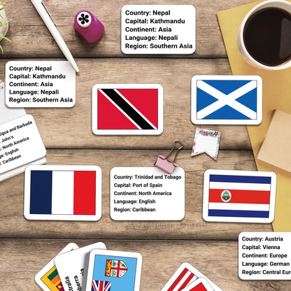 Zastic! World Flags Flashcards - 245 Country Flags, Capitals, Languages & Continents - Gloss Laminated Kids Geography Flash Cards