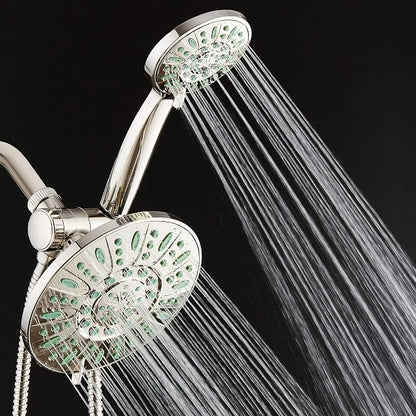 AquaDance Antimicrobial/Anti-Clog High-Pressure 30-setting Rainfall Shower Combo, Microban Nozzle Protection from Growth of Mold, Mildew & Bacteria, Brushed Nickel Finish/Coral Green Jets