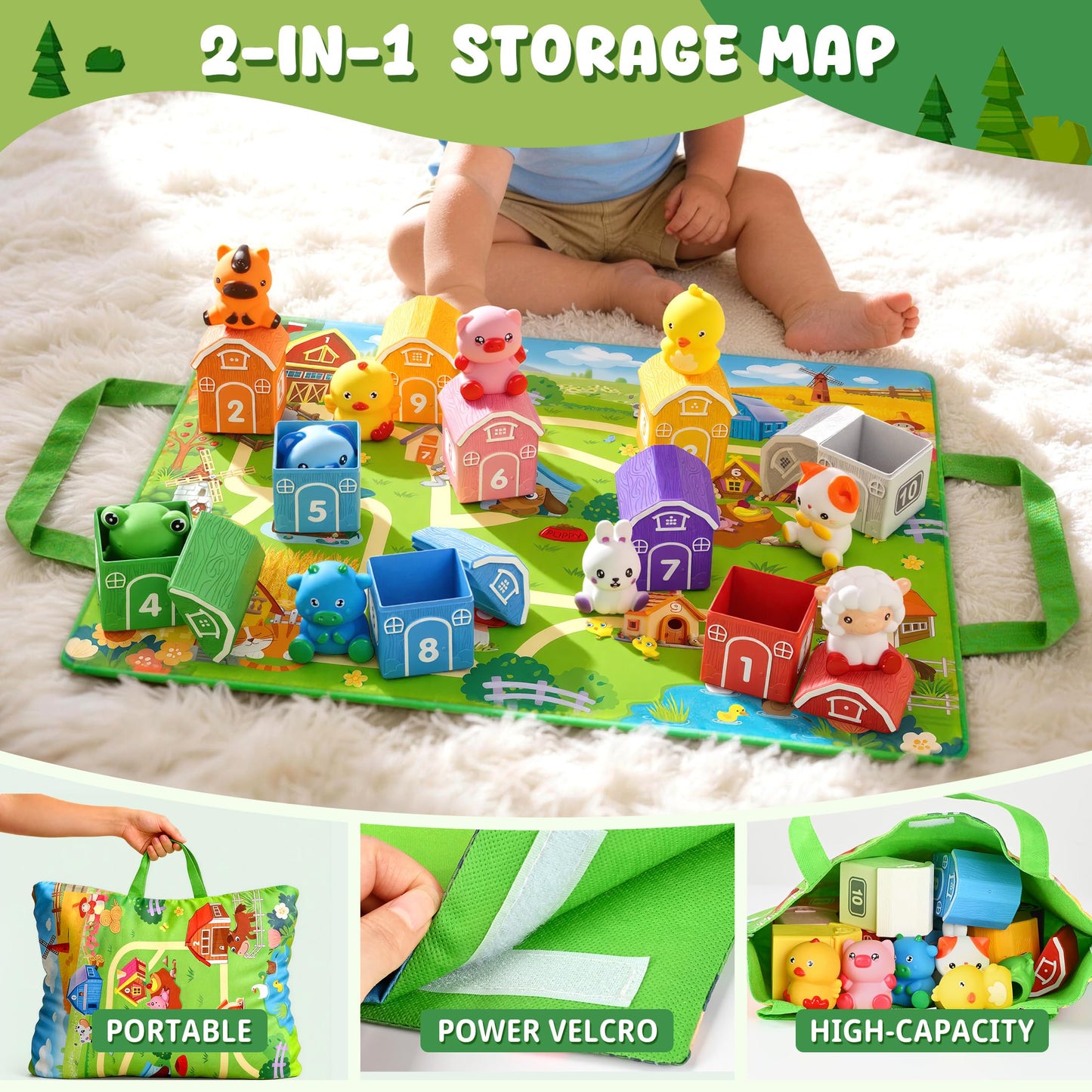 GooMags Montessori Toys for Toddlers, 21Pcs Farm Toys with Storage Bags/Playmat Counting, Matching, Sorting Preschool Learning Toy Including 10 Animal Finger Puppets Birthday Gift