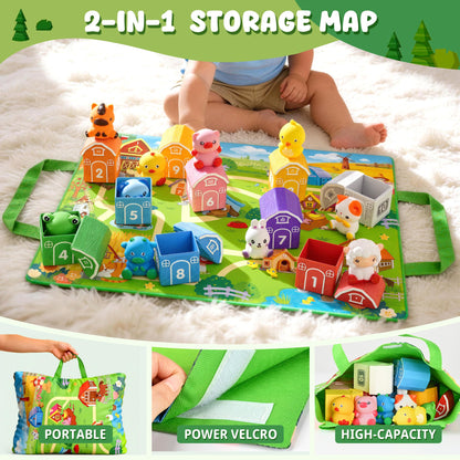 GooMags Montessori Toys for Toddlers, 21Pcs Farm Toys with Storage Bags/Playmat Counting, Matching, Sorting Preschool Learning Toy Including 10 Animal Finger Puppets Birthday Gift