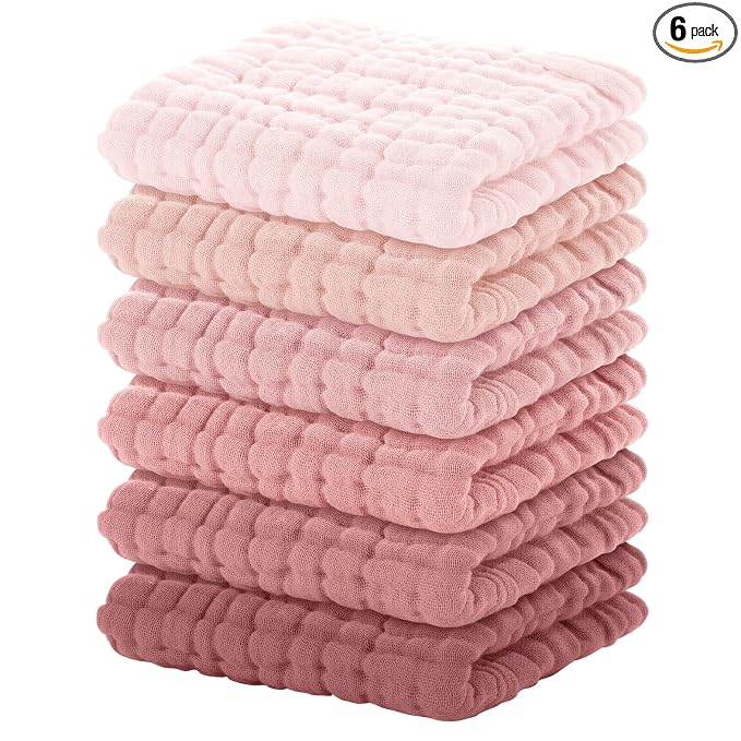 Yoofoss Muslin Baby Washcloths 100% Organic Cotton Face Towels 6 Pack Wash Cloths for Baby 12x12in Soft and Absorbent Baby Wipes (Gradient Pink)