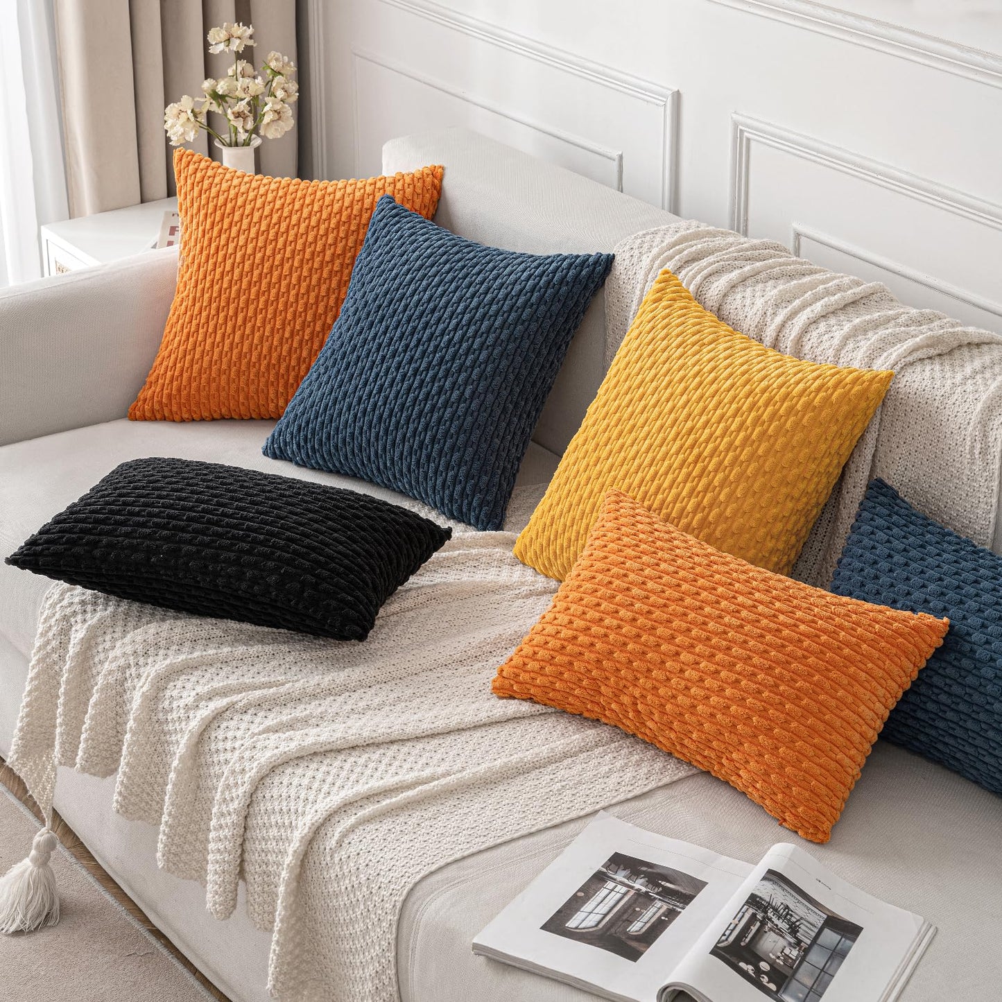 MIULEE Orange Throw Pillow Covers Soft Corduroy Decorative Set of 2 Boho Striped Pillow Covers Pillowcases Farmhouse Home Decor for Halloween Couch Bed Sofa Living Room 20x20 Inch