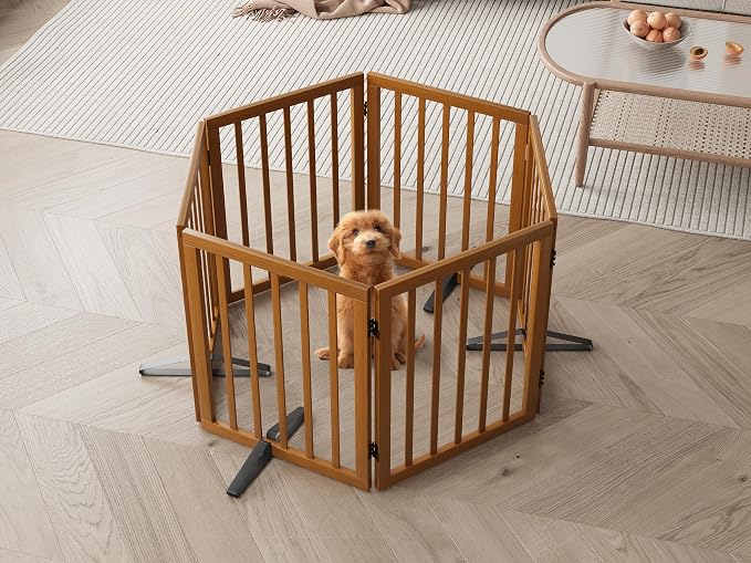 Semiocthome Walnut Dog Gates for Doorways, 6-Panel Freestanding Dog Gate Indoor for the House Stairs, 24" H Foldable Wooden Pet Gates with 4PCS Metal Stands, Expands Up to 110" (W)