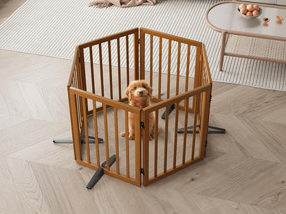 Semiocthome Walnut Dog Gates for Doorways, 6-Panel Freestanding Dog Gate Indoor for the House Stairs, 24" H Foldable Wooden Pet Gates with 4PCS Metal Stands, Expands Up to 110" (W)