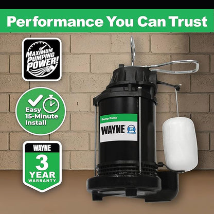 WAYNE CDU800 1/2 HP Submersible Sump Pump – Cast Iron & Stainless Steel, Vertical Float Switch, 5,100 GPH, 3-Year Warranty