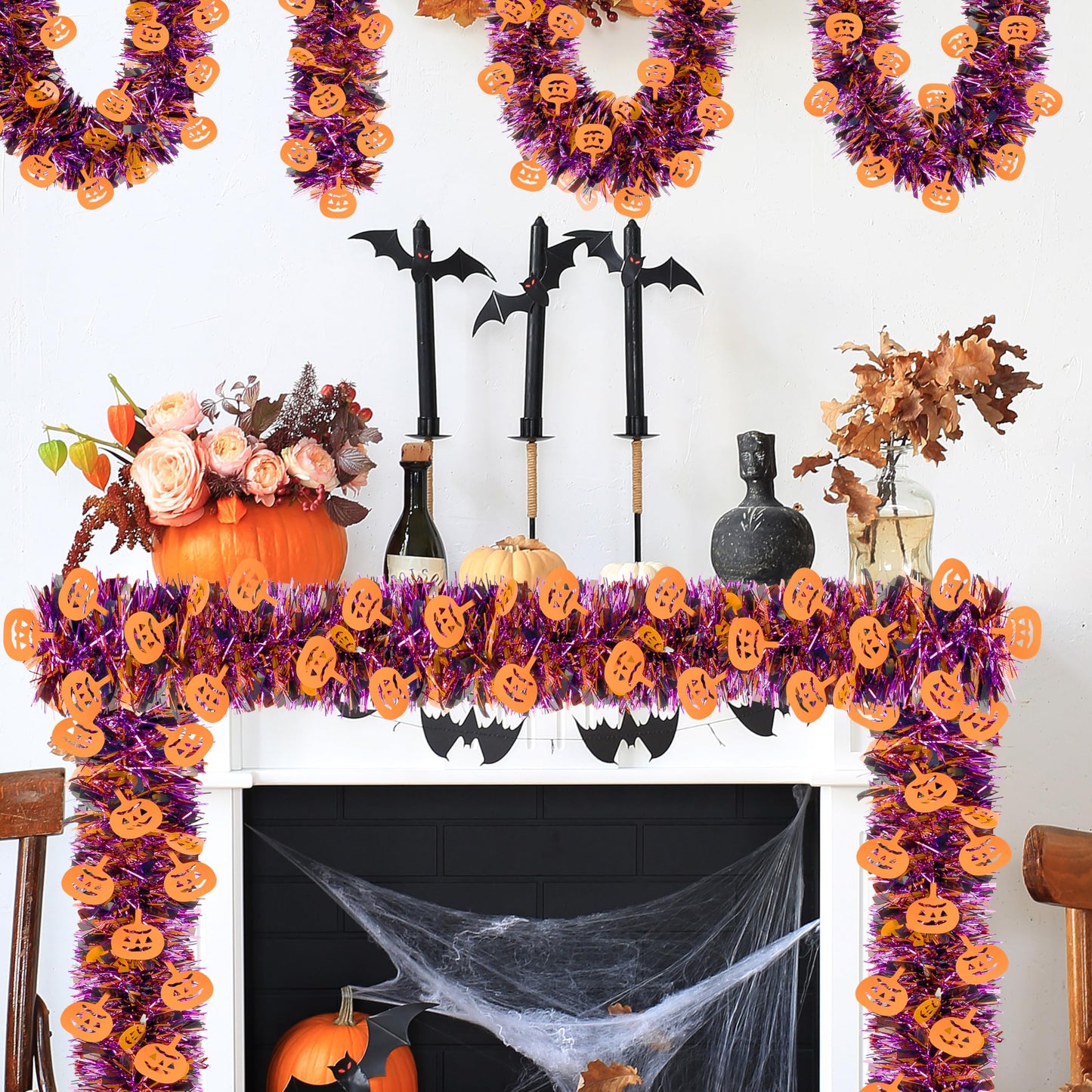 66 Ft Halloween Tinsel Garland, Purple Black Glitter Tinsel Garlands with Orange Pumpkin Metallic Twist Hanging Streamers Decoration for Halloween Party Home Indoor Outdoor Decor Supply