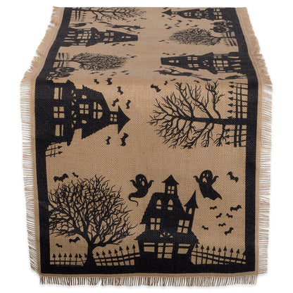 DII Halloween Primitive Style Burlap Tabletop Décor, Spooky Haunted House Jute, Table Runner, 14x113, Black & Tan