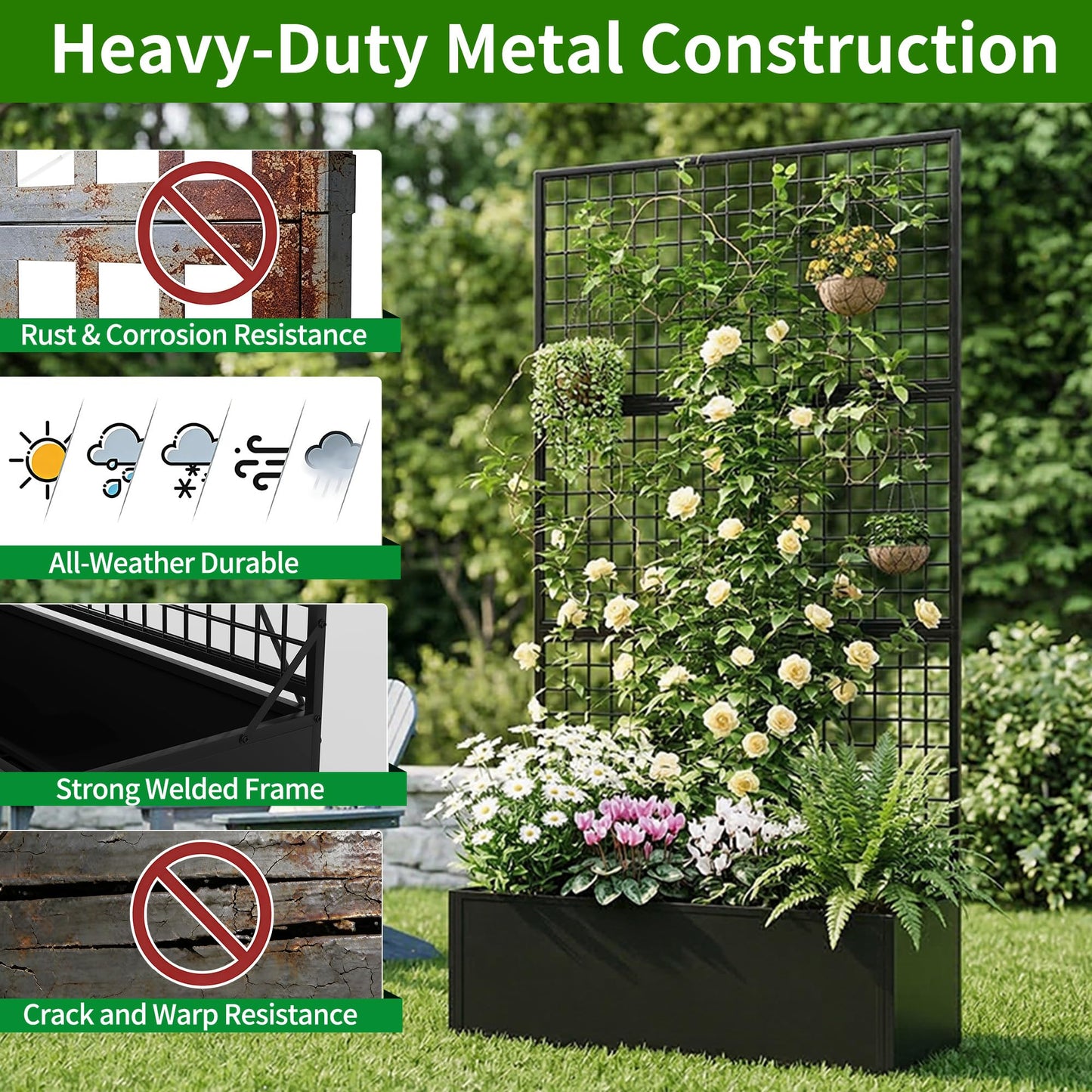 Privacy Planters for Patio – Metal Raised Garden Bed with Trellis and Privacy Screen, 71" x 35" x 16" Planter Box with Drainage Holes for Climbing Plants, Vegetables, and Vines, Outdoor Backyard Black